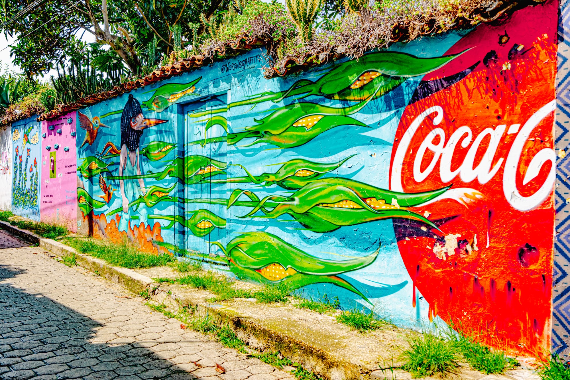 A long mural in El Cerrillo, San Cristóbal de las Casas, depicting green corn pods floating across a blue background toward a red Coca-Cola logo, illustrating the conflict between Indigenous agriculture and corporate influence in Chiapas.