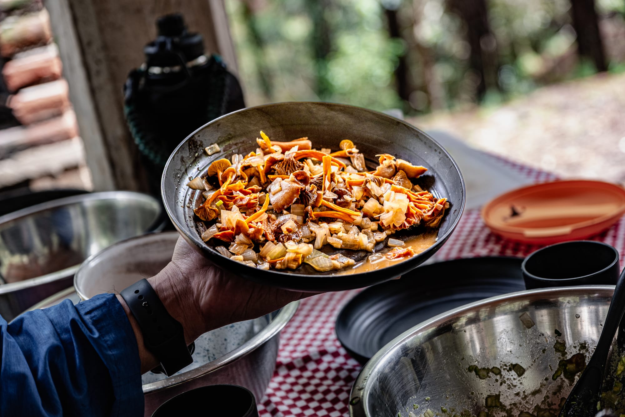 A person holds a pan filled with freshly cooked mushrooms, onions, and herbs over a checkered table, with the surrounding forest visible in the background