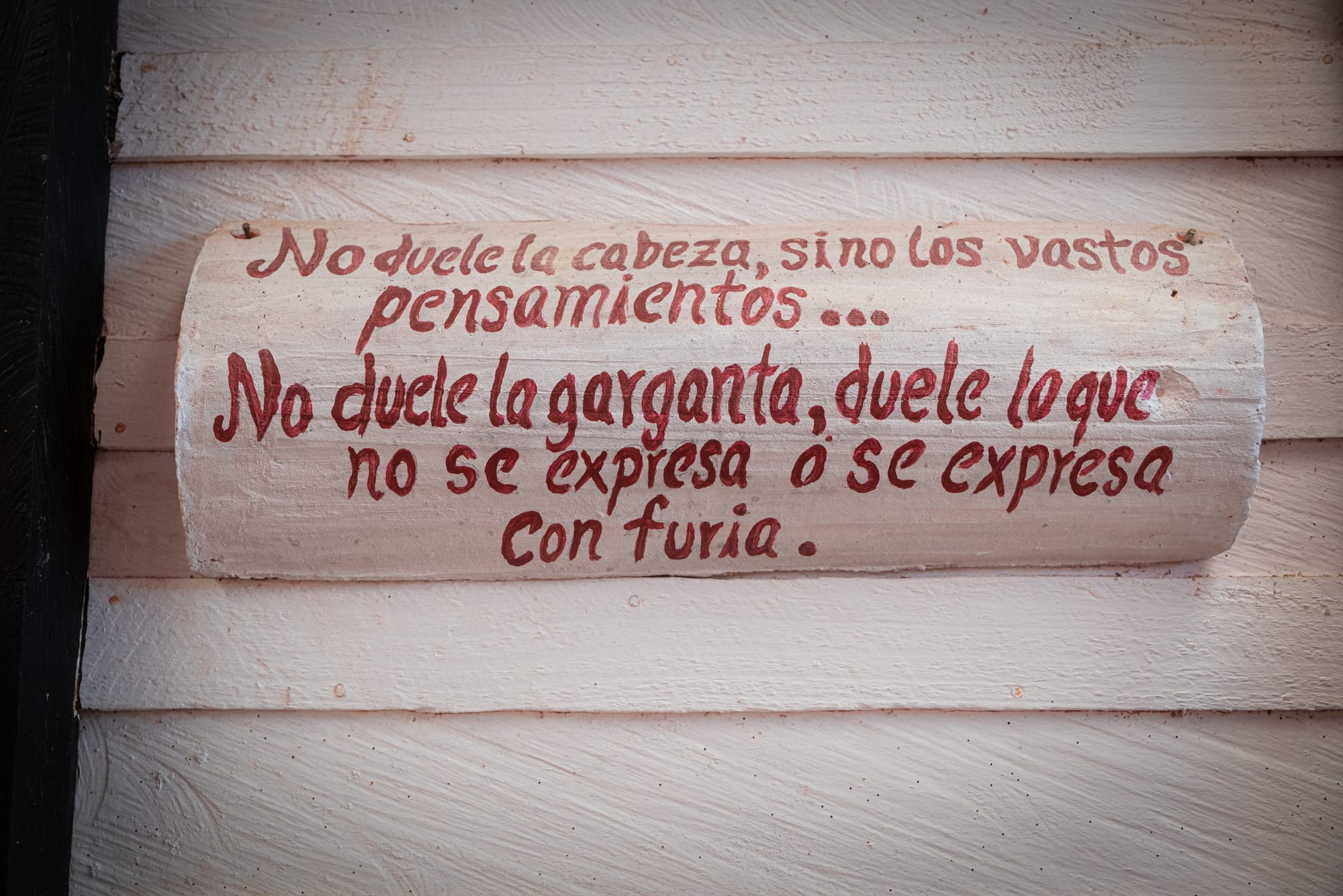 Hand-painted sign at CIDECI-UniTierra with a Spanish quote that reads: ‘No duele la cabeza, sino los vastos pensamientos… No duele la garganta, duele lo que no se expresa o se expresa con furia,’ mounted on a wooden wall