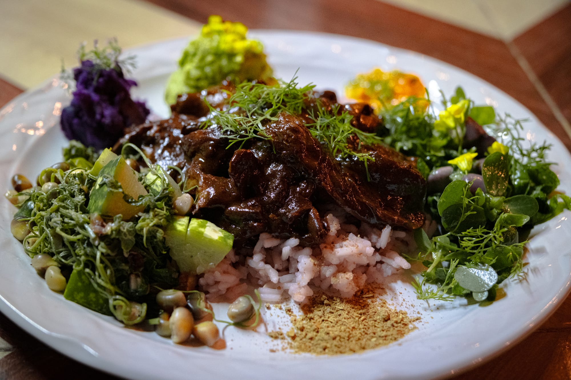 A close-up of a finished meal on a white plate: oyster mushroom mole over rice surrounded by fresh greens, beans, avocado, and small portions of mashed purple and green vegetables