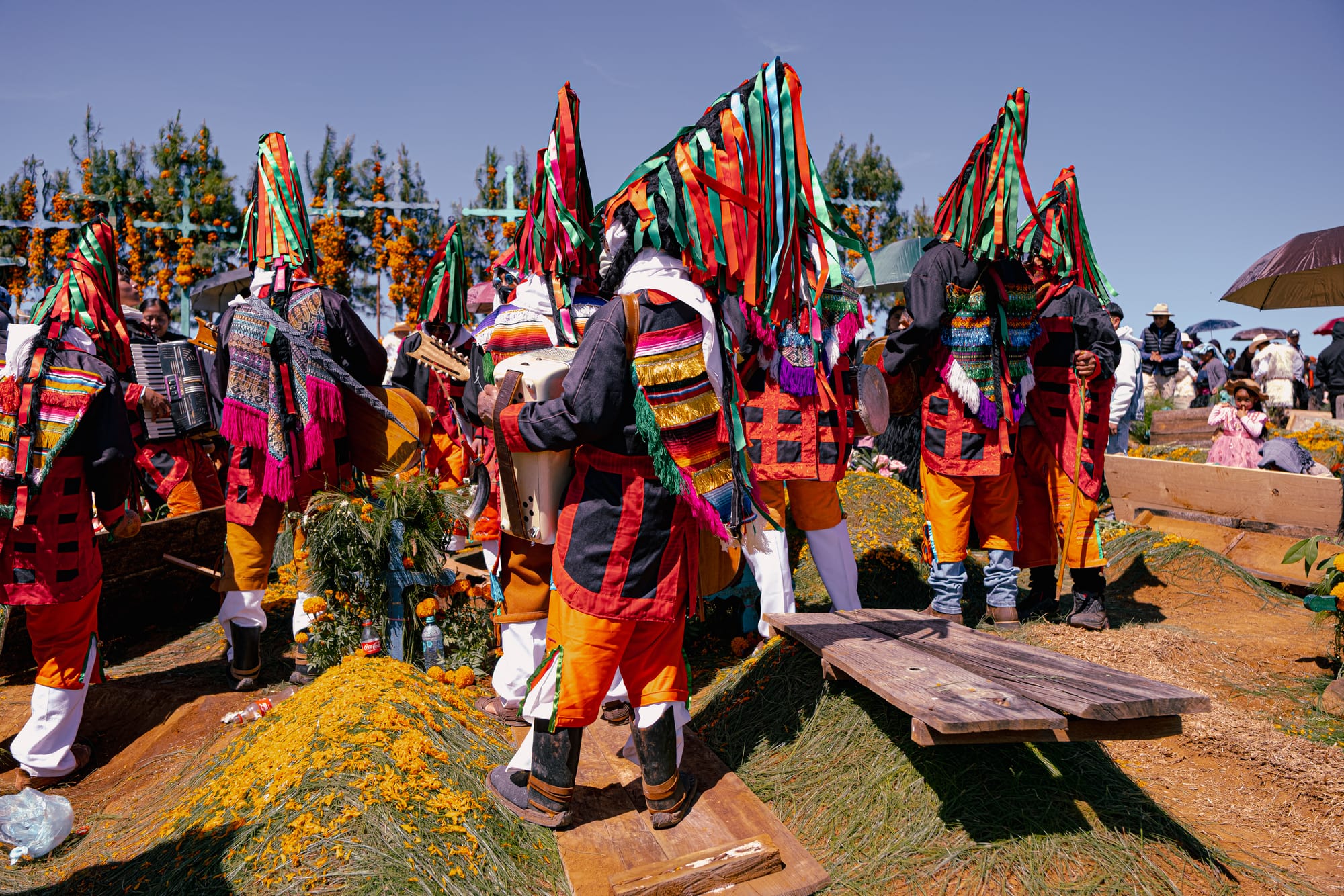 Día de Muertos at Romerillo Cemetery Chiapas, indigenous Tzotzil musicians wearing traditional ribbon headdresses and ceremonial clothing, live band playing accordion guitar and drums among pine covered graves, marigold decorated hillside cemetery with tall crosses, local Day of the Dead celebration near San Cristóbal de las Casas