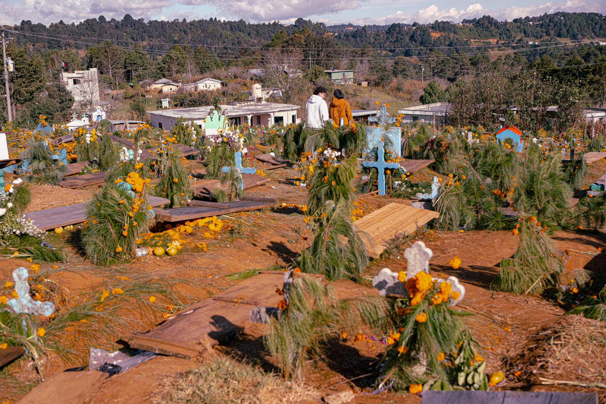 Día de Muertos at Romerillo Cemetery Chiapas, hilltop cemetery covered with pine branches and marigolds, simple wooden grave markers and crosses spread across uneven ground, families walking through the cemetery after main celebrations, indigenous Day of the Dead burial site near San Cristóbal de las Casas