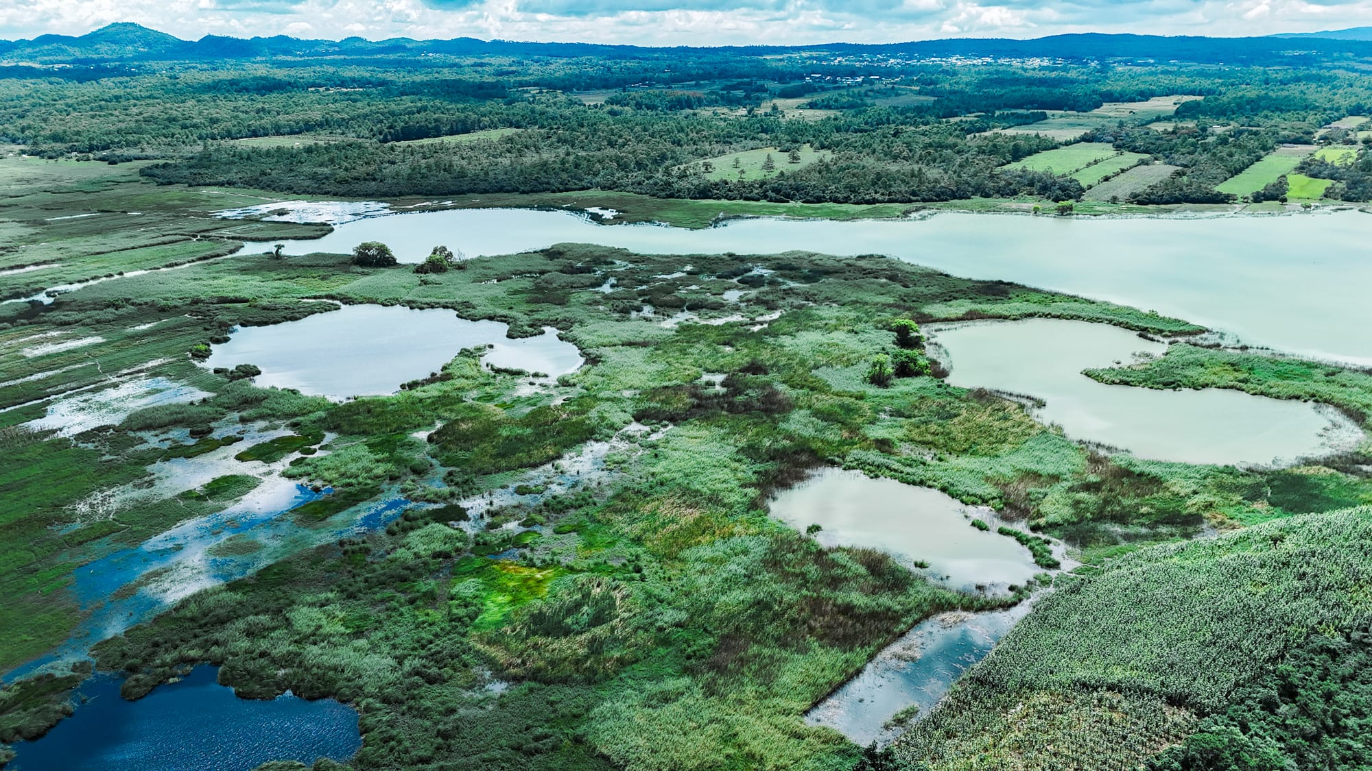 Aerial view of the wetlands and interconnected lakes at Montebello Lakes in Chiapas, showing reed beds, turquoise water, and forested hills near the Guatemala border