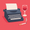 A flat, minimalist illustration of a dark blue vintage typewriter with a blank sheet of paper, a glass of red wine, and a smoking cigarette butt, all set against a textured red background