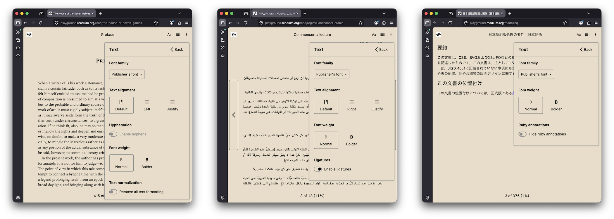 For latin on the lest, we have font-family, text-align, hyphens, font-width, text-normalization and ligatures (not visible). For RTL, we mirror text-align, remove hyphens and text-normalization. For CJK, we remove text-align, ligatures and add ruby annotations.