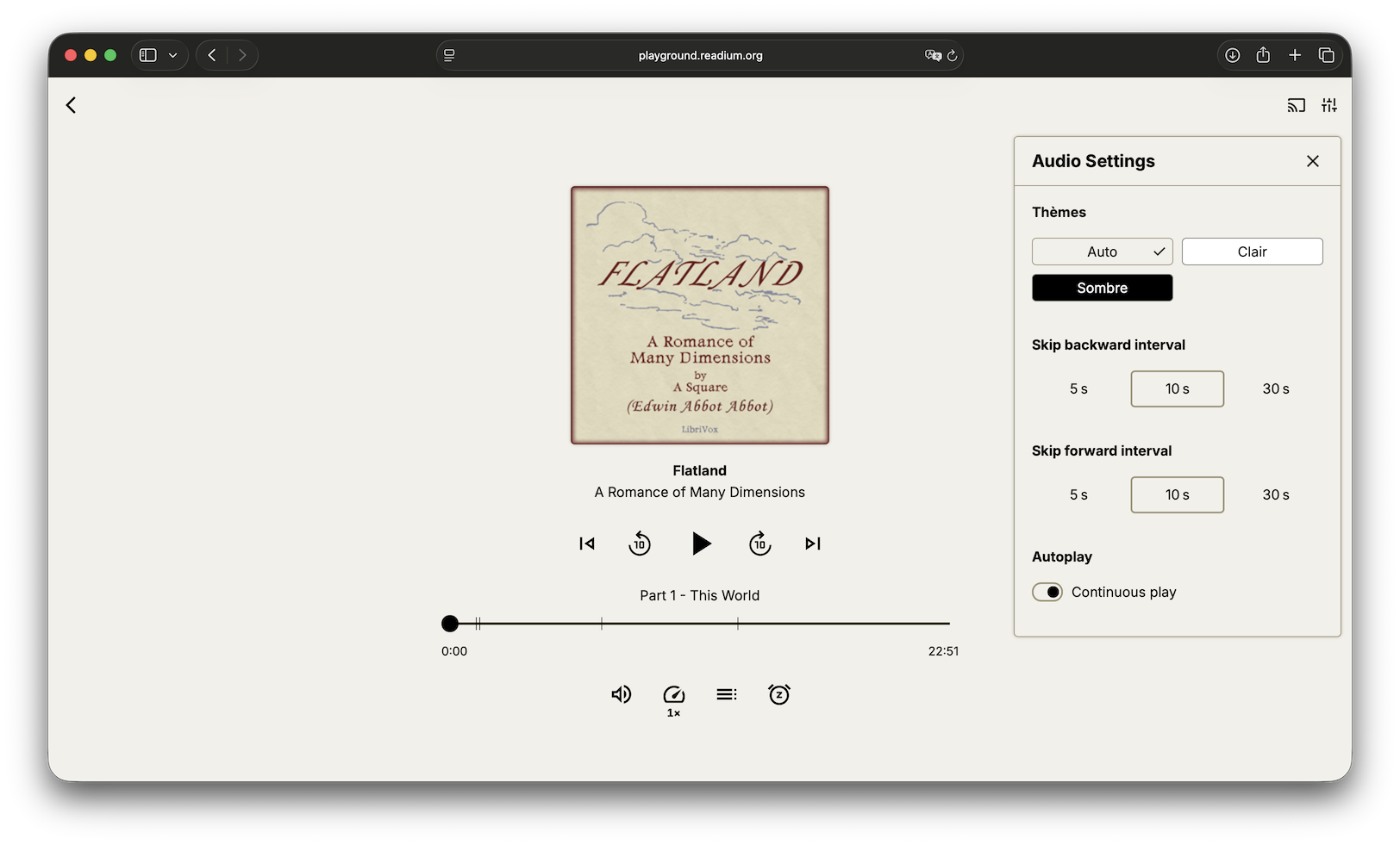 Thorium Web’s audiobook player with settings open. You can see the main UI with the cover, title and subtitle of the book, then controls below, then the progression bar with the current chapter, then actions such as volume, playback rate, table of contents, and sleep Timer. In the settings popover, additional settings like theme, skip intervals and continuous play are available.
