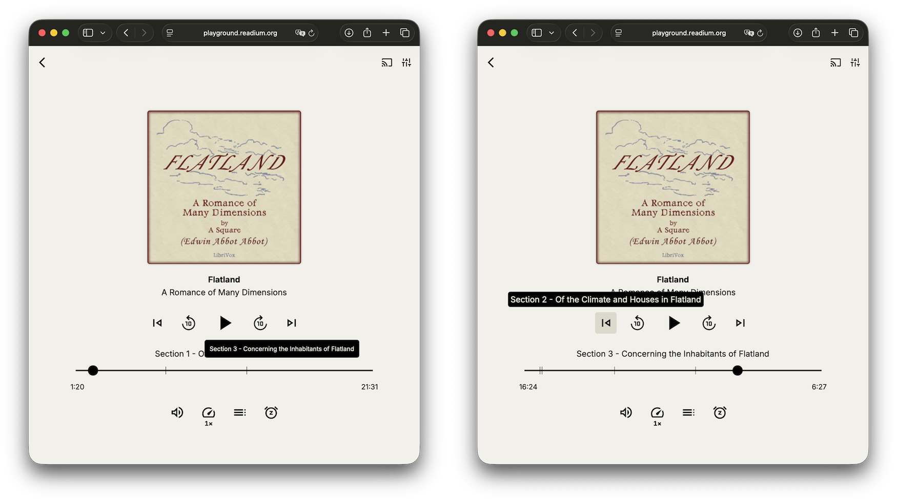 Two browser windows side by side, with hovering on the progression bar on the left, and hovering on the previous button on the right. A popover with the title of the corresponding section is displayed.