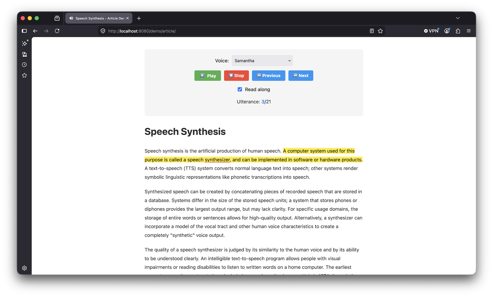 Demo from Readium Speech with an article on Speech Synthesis. We can see controls and read along feature being activated. In the text, the current utterance has a yellow background, the spoken word has a red underline.