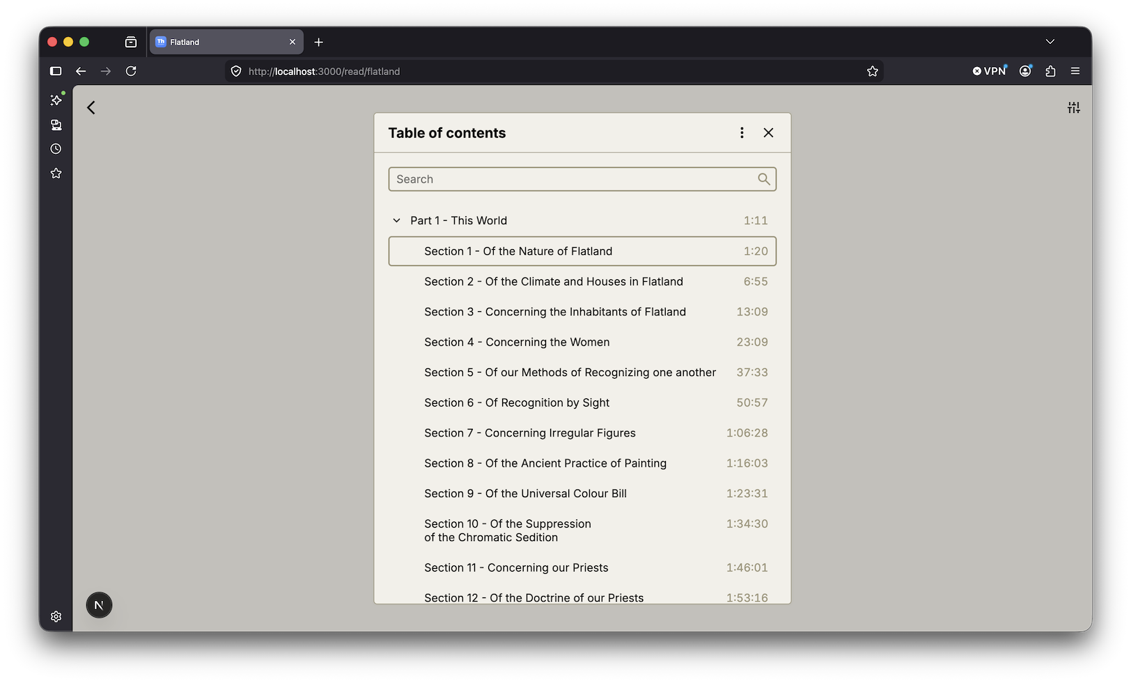 Thorium Web audio player with its table of contents open. For each entry you can see a timestamp, which represents the start of the part or section.