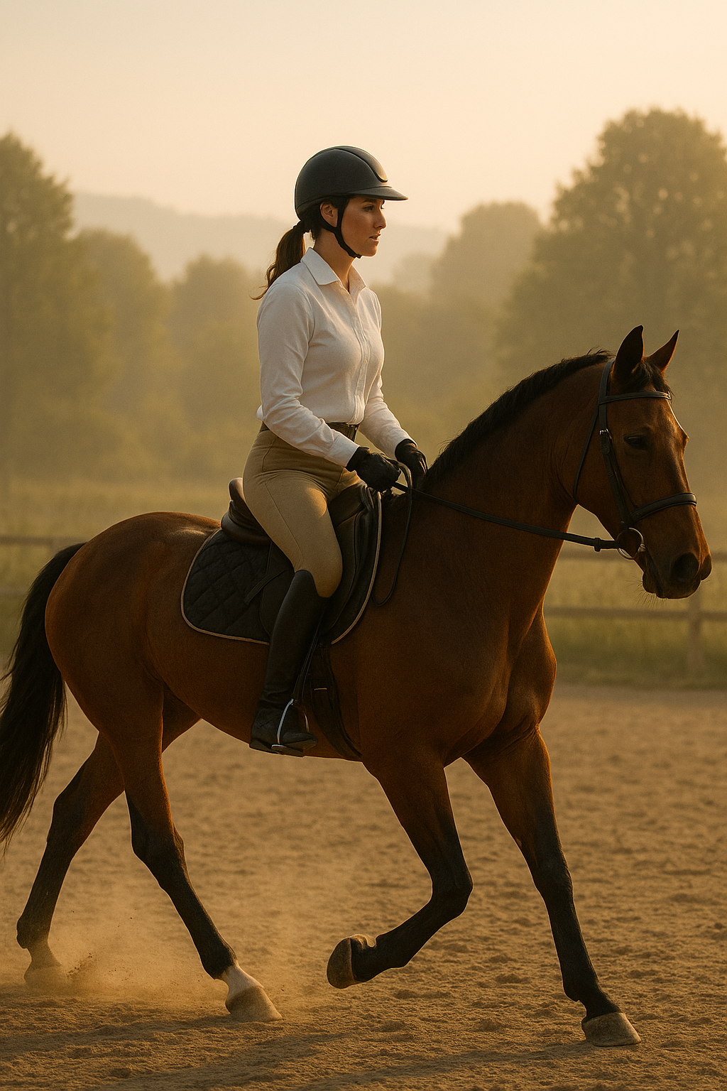 A calm rider leading a horse through golden morning light, symbolizing balance, trust, and quiet leadership.