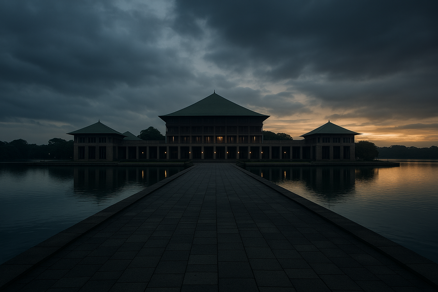 Sri Lanka Parliament building at dusk reflected in the waters of Diyawanna Oya under a dramatic evening sky.
