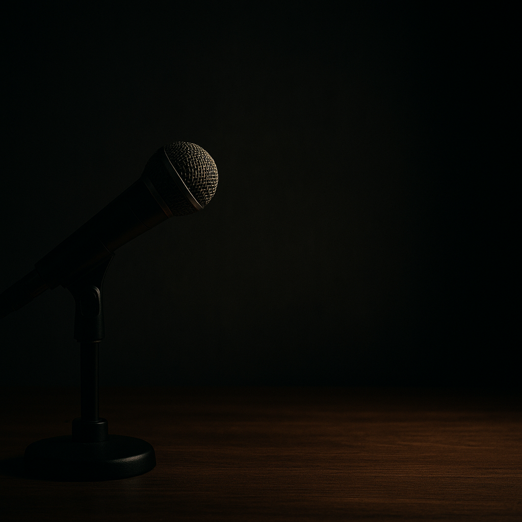 A dimly lit close-up of a solitary broadcast microphone on a wooden desk, symbolizing independent journalism, truth-telling, and Amy Goodman’s role in giving voice to unheard stories.
