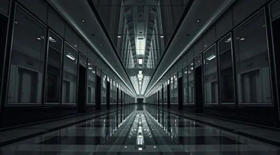 Empty institutional space at dawn, emphasizing order, structure, and preparation before activity