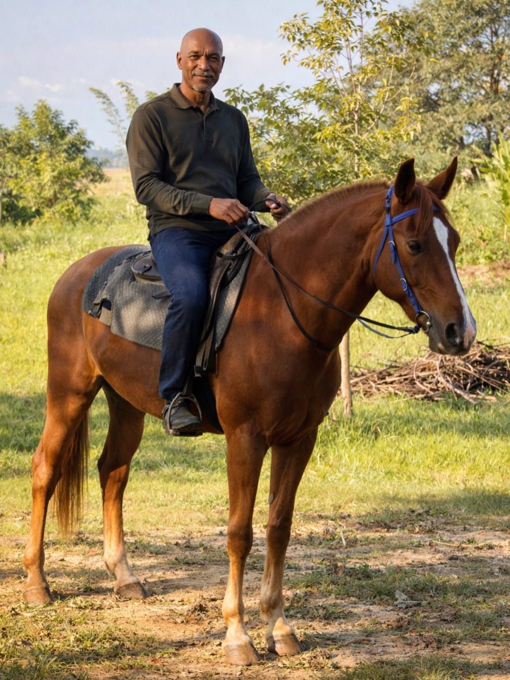 Rider on a chestnut horse in natural terrain at Vonfidel Ranch, Sri Lanka, illustrating calm alignment and trust before a trail ride.
