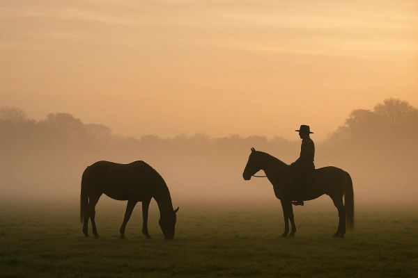 Silhouette of a rider and horse at sunrise in soft golden mist at Vonfidel Ranch, symbolizing calm authority and trust-based horsemanship.