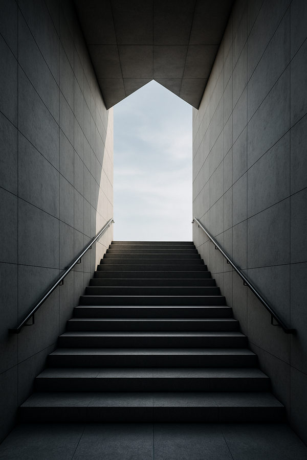 Minimalist architectural stairway ascending into light, symbolizing ethical leadership, structural clarity, and trust—core principles of the Fidelity Method™ by Alfie Ameer.
