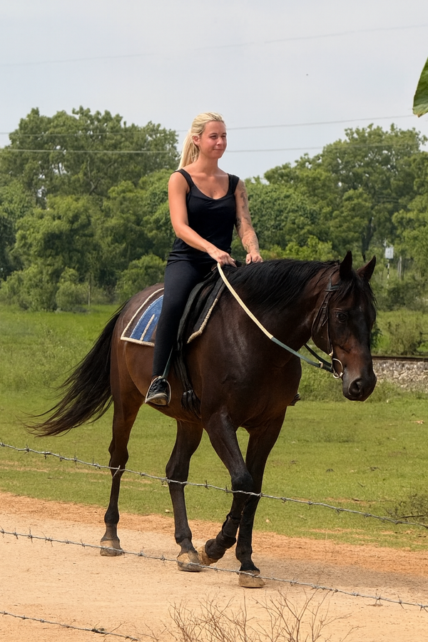 Rider in a calm, balanced partnership with a horse during a low-volume riding session at Vonfidel Ranch in Sri Lanka