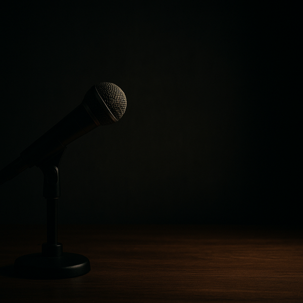 A dimly lit close-up of a solitary broadcast microphone on a wooden desk, symbolizing independent journalism, truth-telling, and Amy Goodman’s role in giving voice to unheard stories.