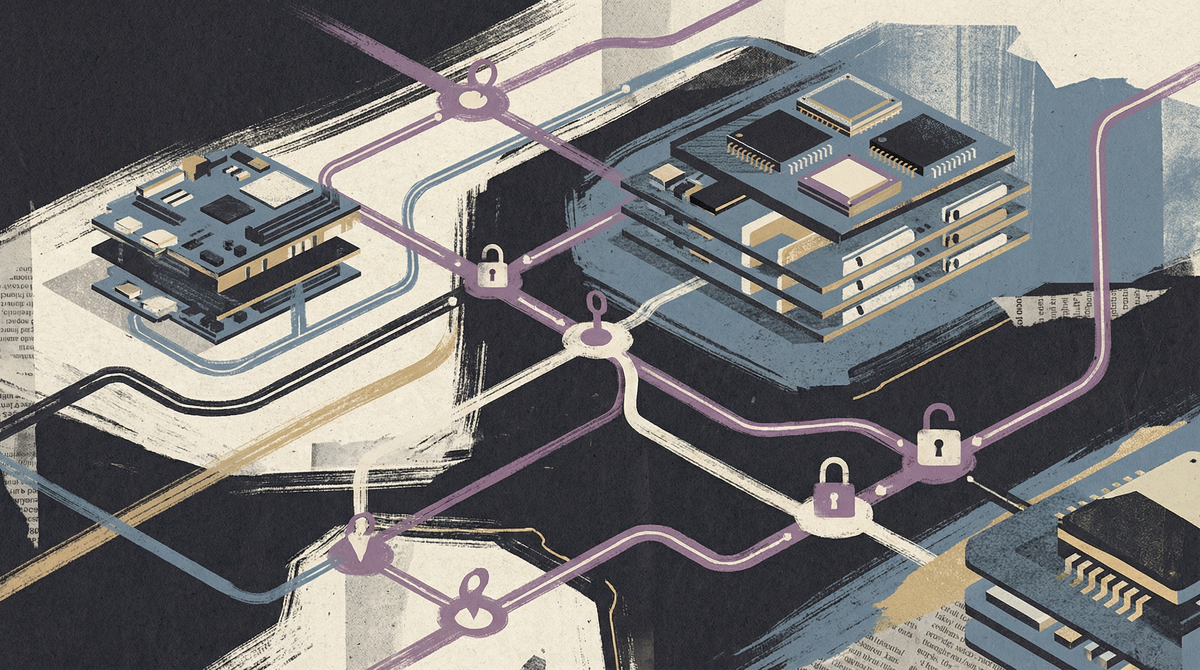 Editorial illustration of chip packages and server-board pathways arranged like a strategic map.