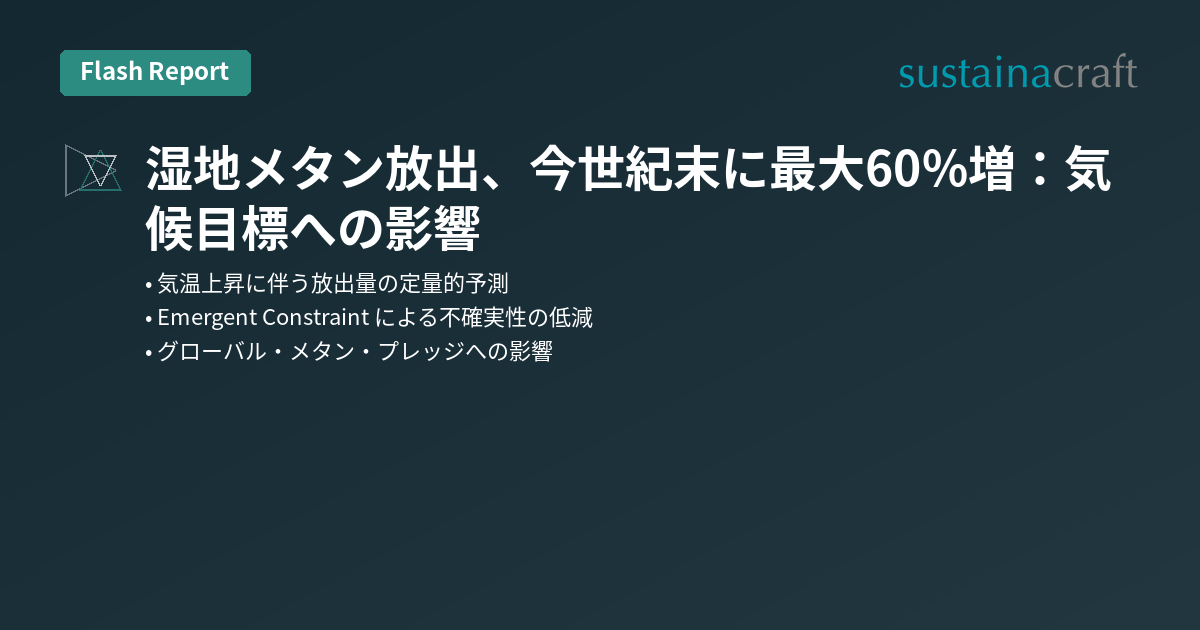 湿地メタン放出、今世紀末に最大60%増：気候目標への影響