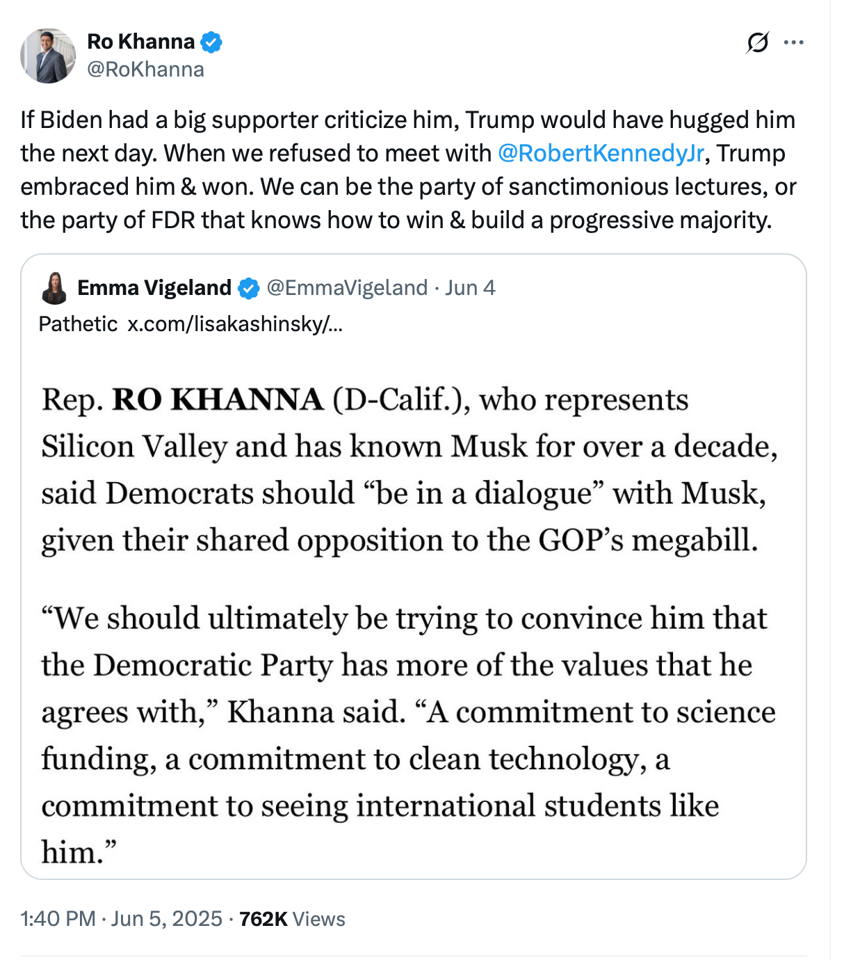 If Biden had a big supporter criticize him, Trump would have hugged him the next day. When we refused to meet with  @RobertKennedyJr , Trump embraced him & won. We can be the party of sanctimonious lectures, or the party of FDR that knows how to win & build a progressive majority.