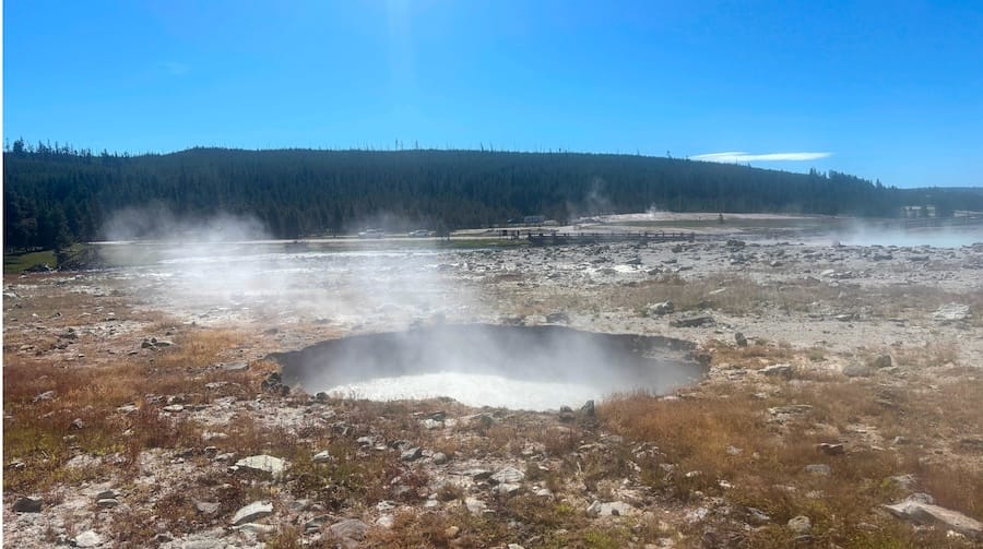 Pool of boiling water that formed a few days after the June 13, 2026, hydrothermal explosion at Biscuit Basin, Yellowstone National Park