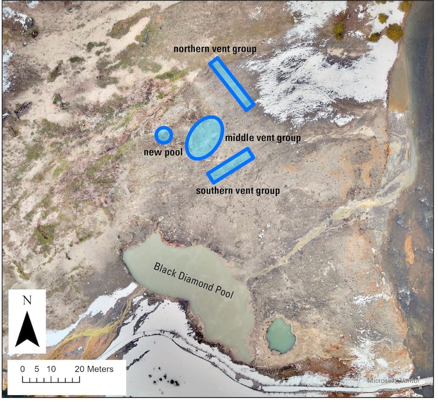Aerial view of the Black Diamond Pool area of Biscuit Basin