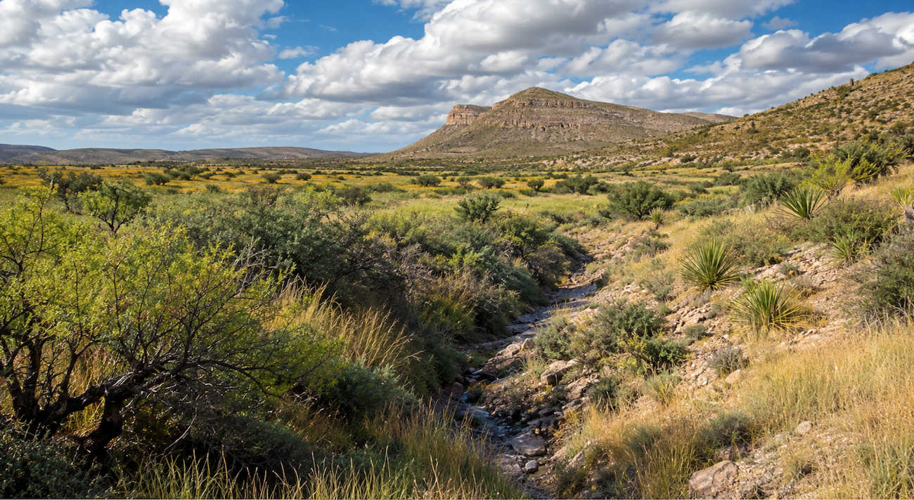A rocky drainage winding through green brush and grassland toward a flat-topped peak under a cloud-filled sky