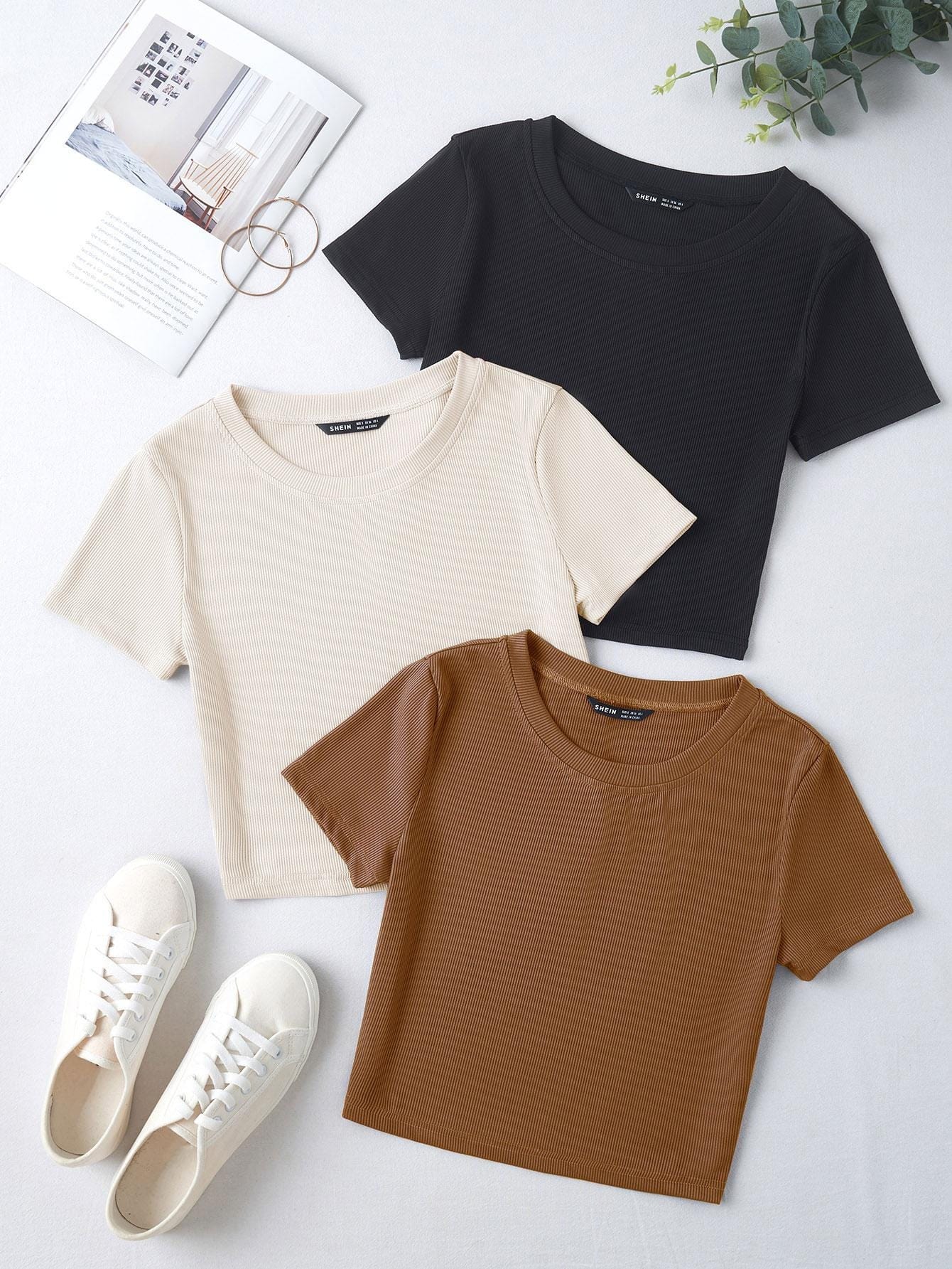 SHEIN EZwear 3pcs Solid Ribbed Tee