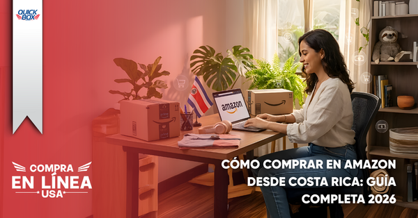 Mujer comprando en Amazon desde Costa Rica con laptop y paquetes en casa, usando casillero internacional Quick Box USA para traer compras de Estados Unidos de forma segura.