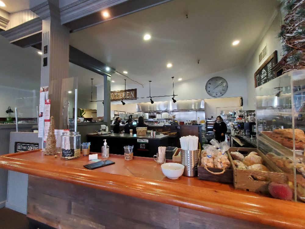 A view over the counter into the kitchen.