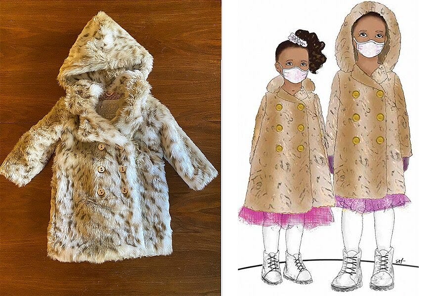 Photo of a furry leopard patterned coat next to a sketch of two face-masked children each wearing one.