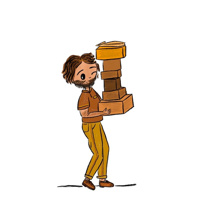 Illustration of a delivery person carrying a stack of small cardboard boxes.