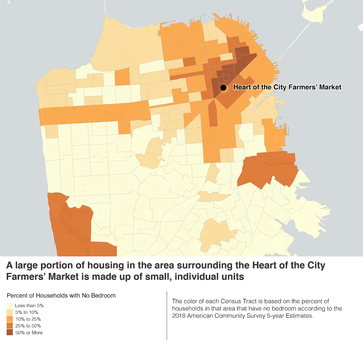 Map of SF with each Census Tract in shades of orange to indicate small, individual units. Darkest is the Tenderloin.