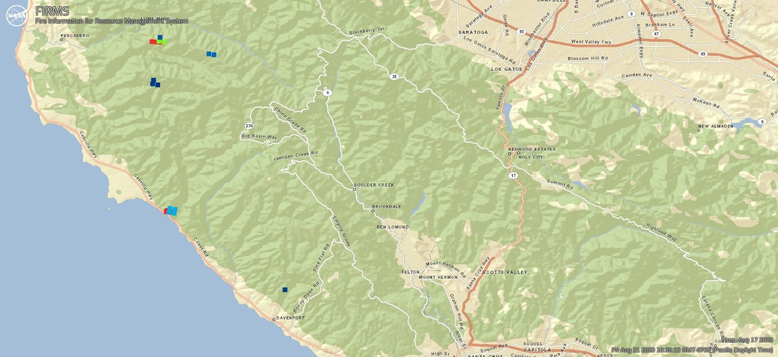 The map, with small blue dots toward the northwest.