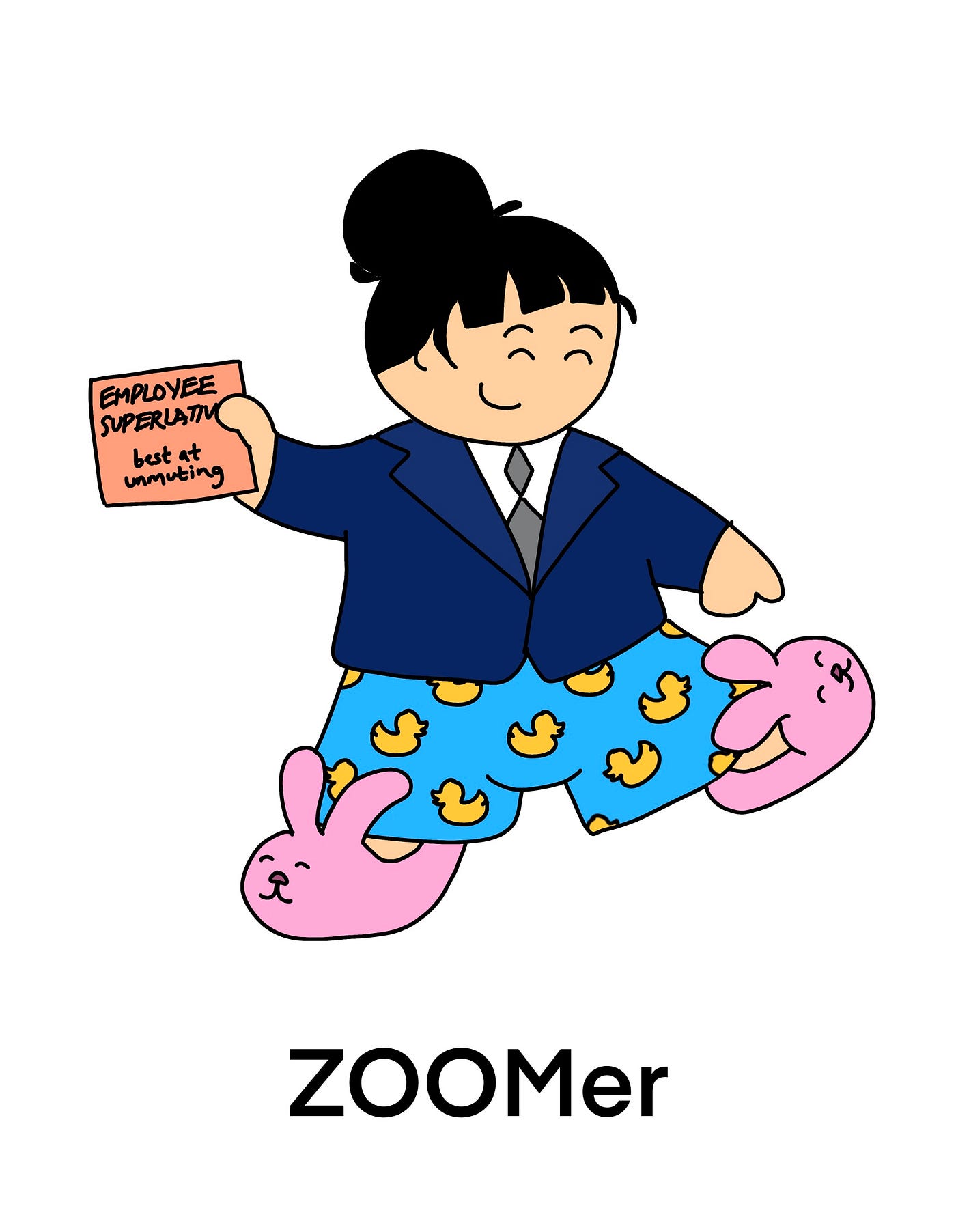 A person with a suit jacket, tie, rubber ducky pj pants, &amp; pink bunny slippers holding a card that says “best at unmuting.”