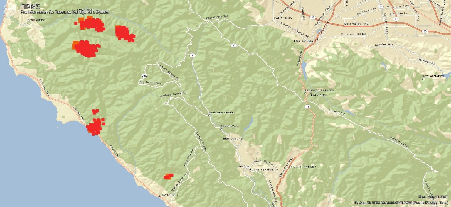 4 red areas larger than those in the previous map near the coast southwest of San Jose.