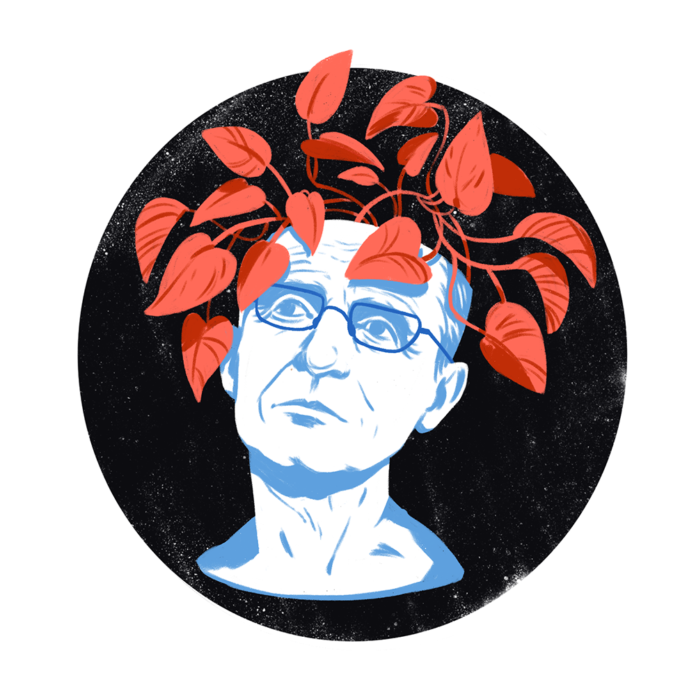 Illustration of a plant with red leaves growing out of a person’s head.