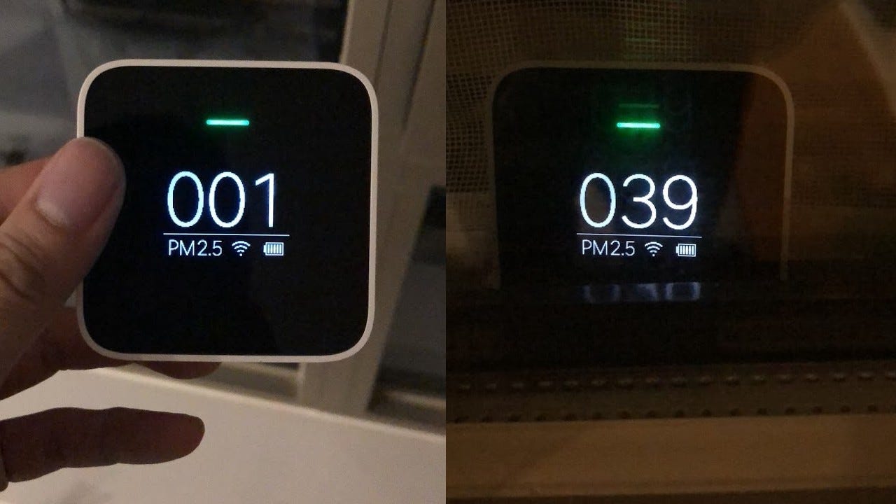 Split screen of an air quality monitor showing a reading of 1 on the left, and 39 on the right.