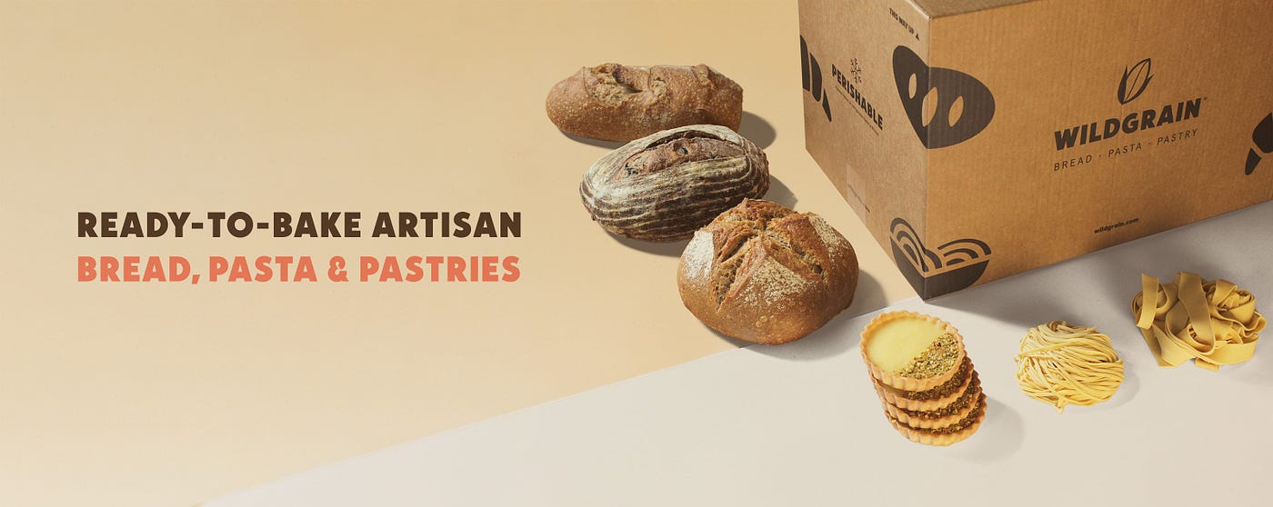 Ad for Wildgrain showing a variety of breads and pasta. The copy reads: “Ready-to-bake artisan bread, pasta &amp; pastries.”