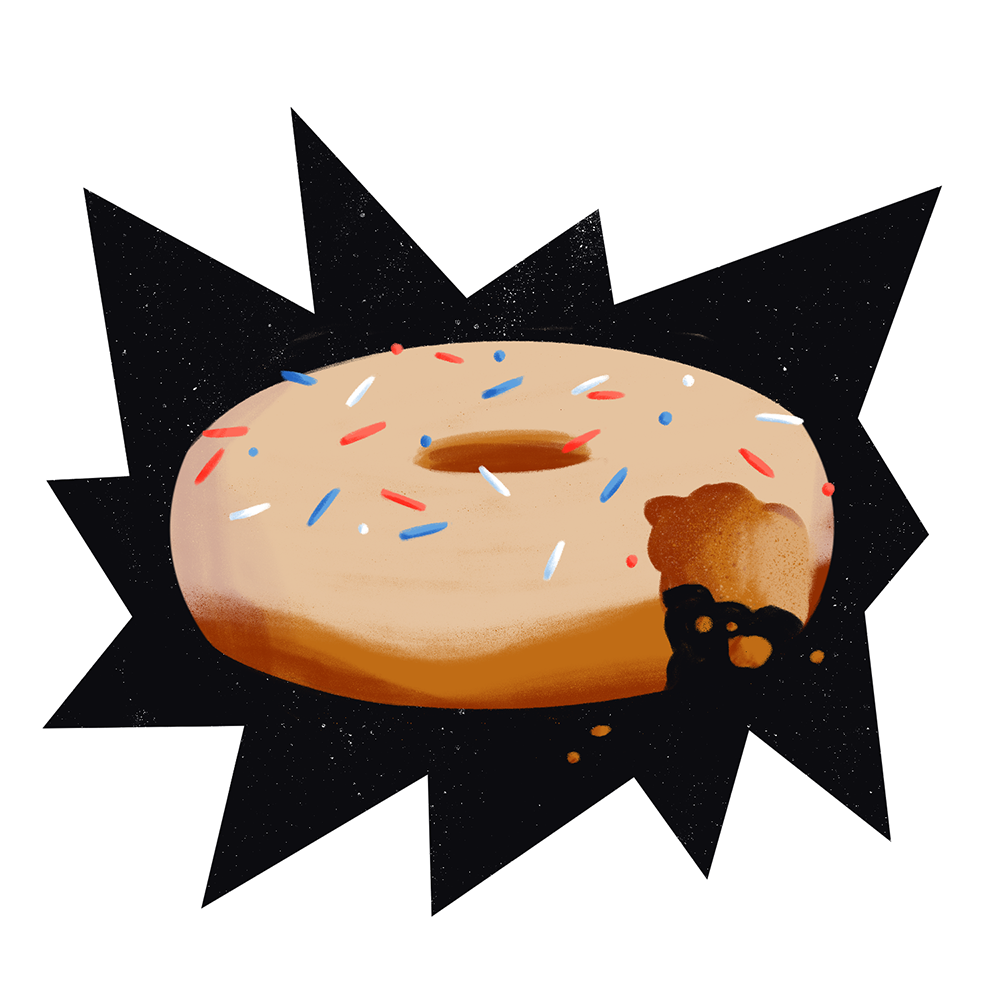 A donut with red, white, and blue sprinkles with a bite taken out of it.