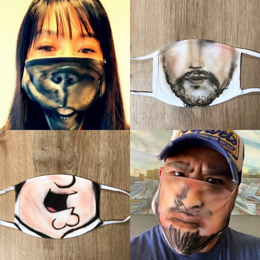 2x2 grid of 2 people wearing face masks (realistic dog face, realistic person face) + 2 painted masks by themselves.