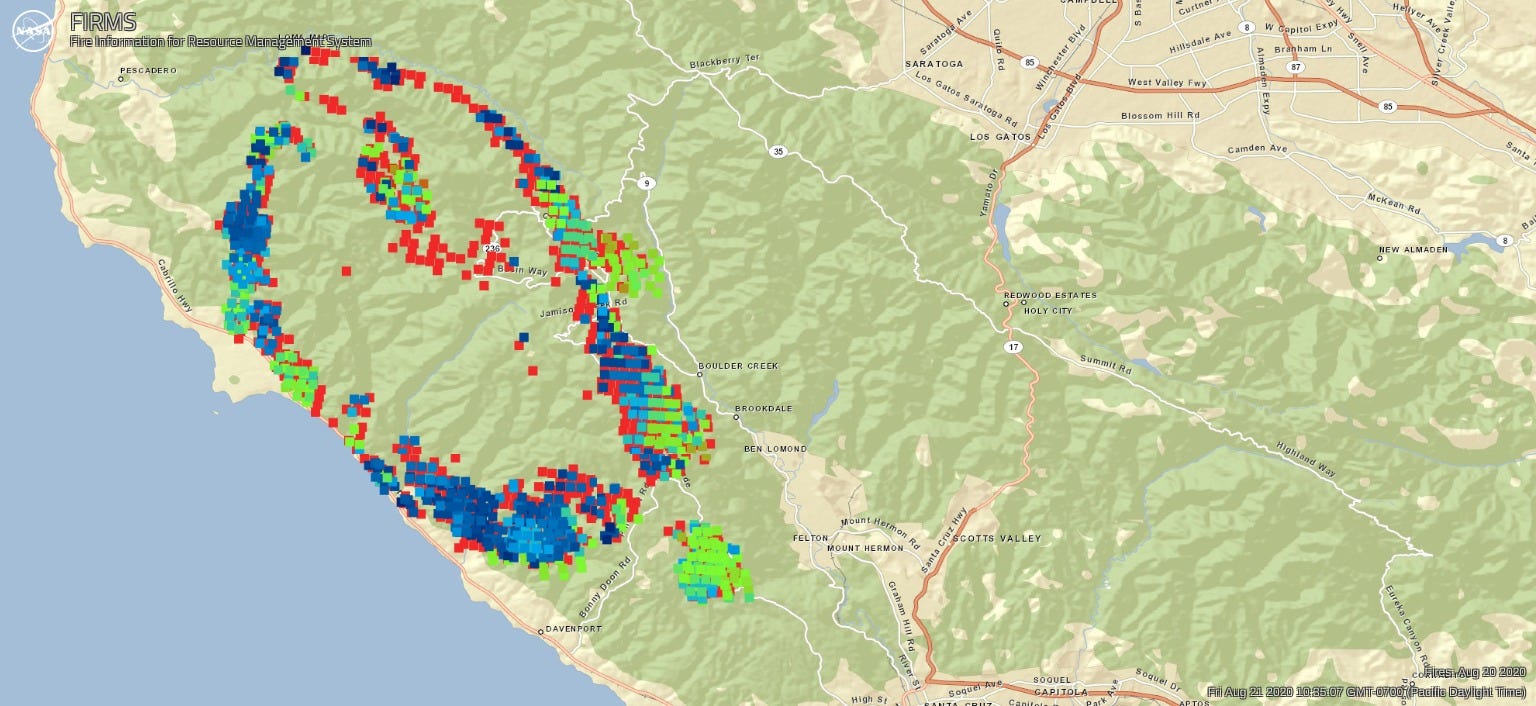 An oval outline of blue, green, and red dots to the northwest of the map, next to the coast.
