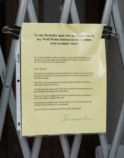 News website Berkeleyside shared a photo of a note one Berkeley neighbor left to another who has…