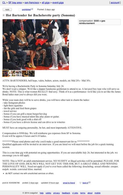 Craigslist Post Looking for Bachelorette Party “Manservant”