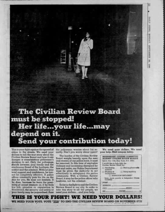 a young woman getting off of a New York Subway with the caption in massive text, “The Civilian Review Board must be stopped! Her life…your life...may depend on it.”