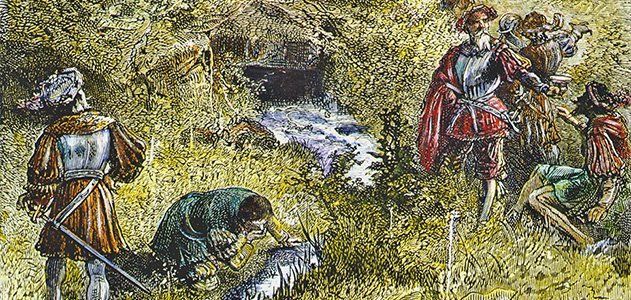 A painting of Ponce De Leon and his men looking for the fountain of youth