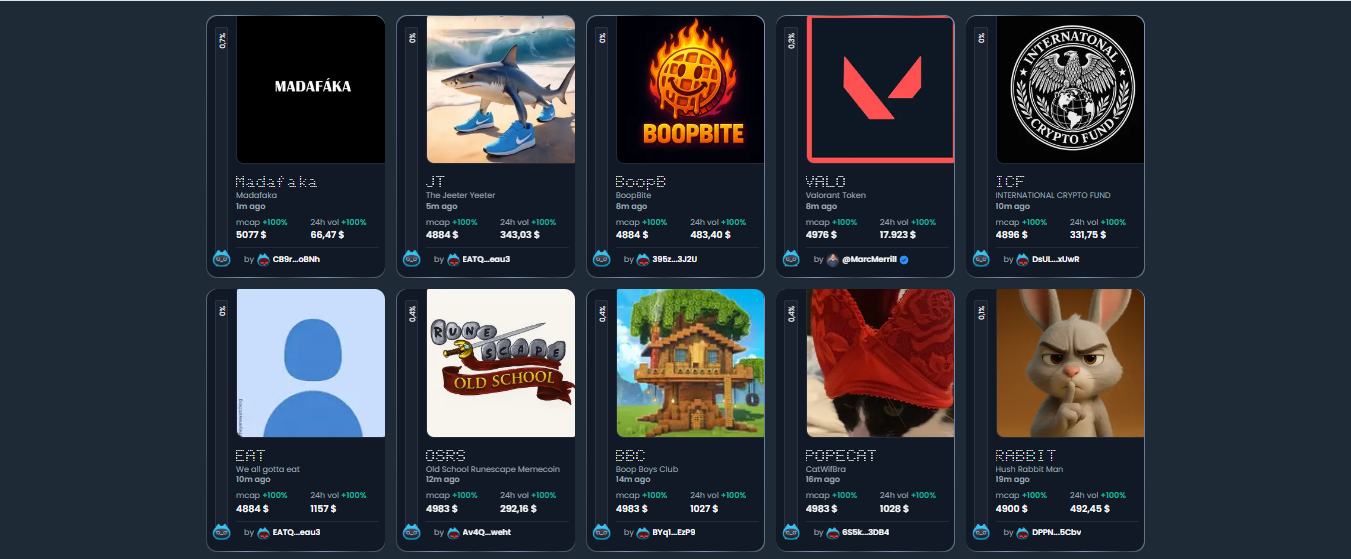 a listing of different meme coins on Boop.Fun