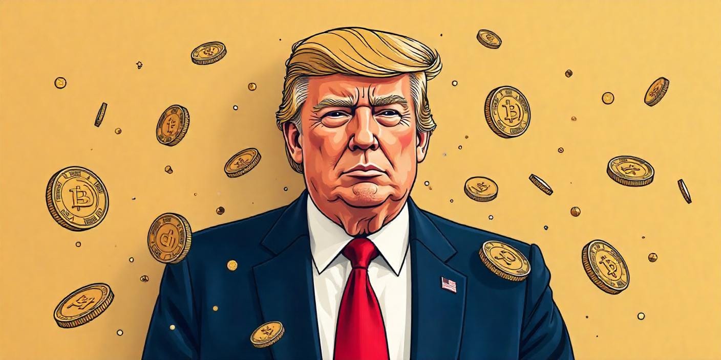 an illustration of donald trump with crypto coins falling