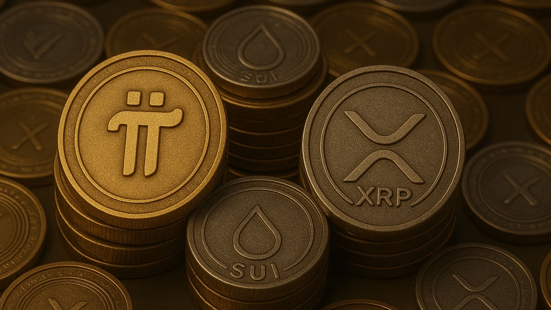 thumbnail with a PI coin, SUI coin and XRP coin for the article "Best Cryptos to Watch This Week"
